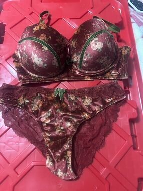 Satin Floral Lace Bra & Bikini Set in Burgundy with Green Trim